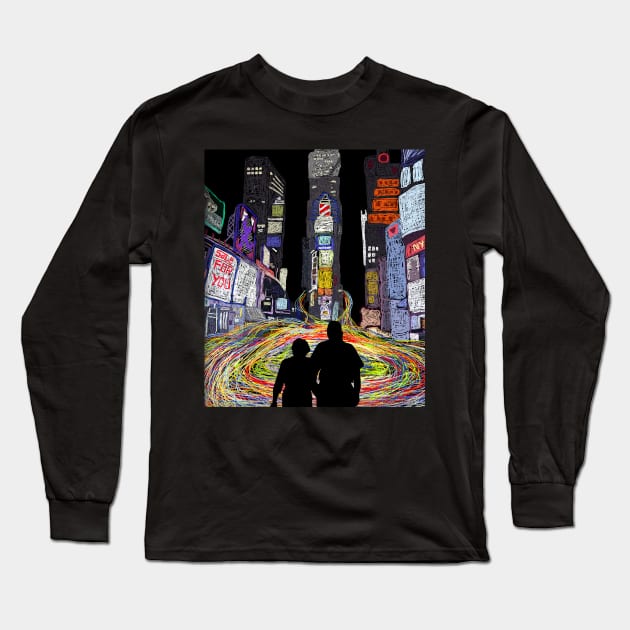 silhouette of parents in times square Long Sleeve T-Shirt by RINTIK